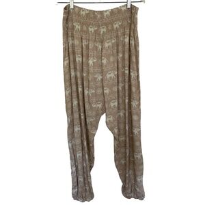lotus & luna Women's Tan White Elephant High Waisted Harem Boho Pants. Sz XL